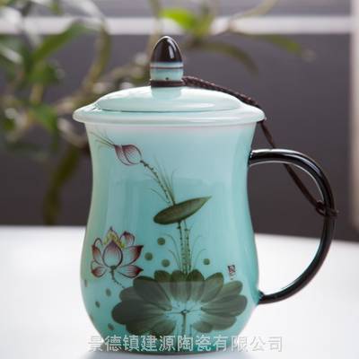 影青釉青瓷杯 陶瓷茶杯特大号 含盖个人杯泡茶杯定制