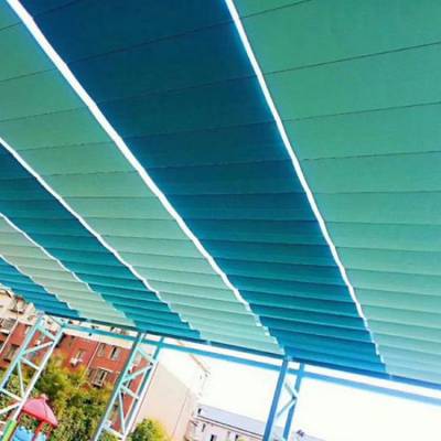 山东幼儿园电动fss自动天棚帘室外电动遮阳帘幼儿园场地固定遮阳棚