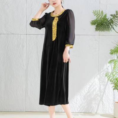圣格娅秋冬丝绒连衣裙 中大淑黑色拼接连衣裙 秋冬大码女装连衣裙