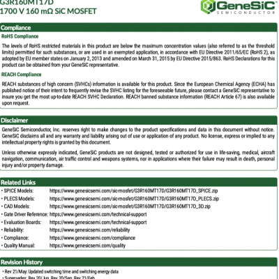 G3R160MT17D 1700 V 160 m GeneSiC Semiconductor