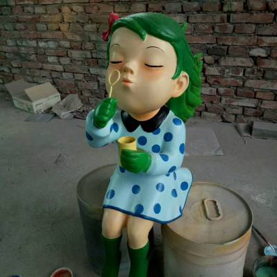树脂彩绘吹泡泡女孩雕像玻璃钢坐着玩泡泡小女生塑像卡通人物公仔店面