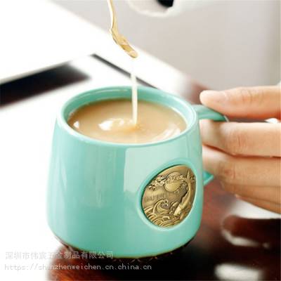 个性创意铜章牌鱼鳞办公马克杯子陶瓷咖啡杯伴手礼礼品杯定制logo