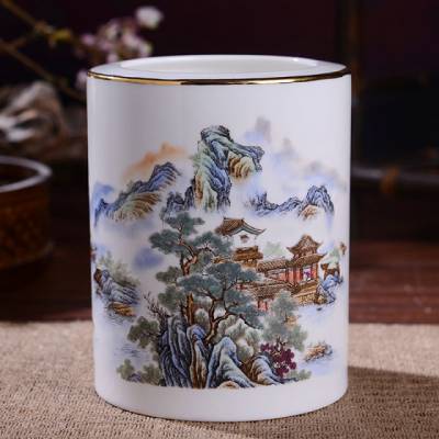 校庆礼品骨瓷笔筒定做，教师节礼物定制陶瓷笔筒依水傍山款式可加字