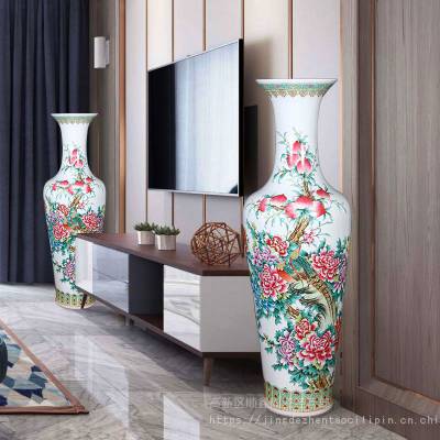 一米二大花瓶落地摆件 新中式仿古手绘粉彩牡丹花鸟寿桃观音瓶客厅