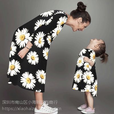 2019欧美外贸夏季新***连衣裙亲子装 菊花图案纯棉母女装