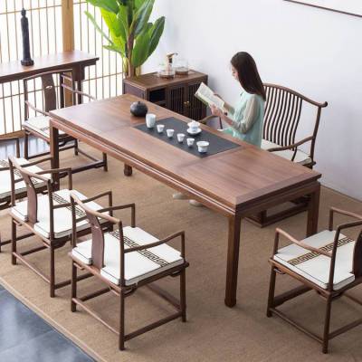 新中式茶台简约禅意胡桃木实木茶桌椅子组合家具定制现代风格源头