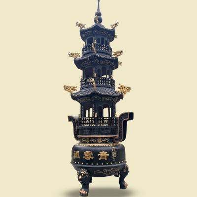 批发佛门户外三层仿古黑金色大宝鼎 寺庙铸铁大香炉 多层圆宝鼎