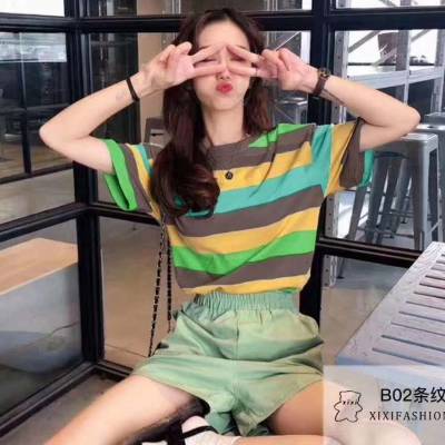 韩版时尚宽松圆领条纹短袖T恤 夏季杂款针织短袖低至3.8一件