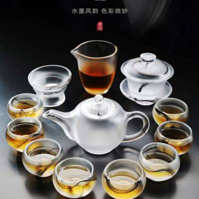 定制翡翠玉瓷茶具套装家用琉璃水墨玉石瓷盖碗功夫喝茶杯茶壶茶洗