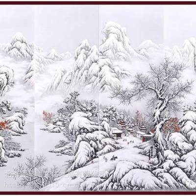 瑞雪迎春粉彩雪景四条屏凌宗正创作