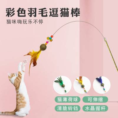 猫薄荷逗猫棒可伸缩猫咪玩具铃铛羽毛逗猫杆厂家批发宠物互动用品