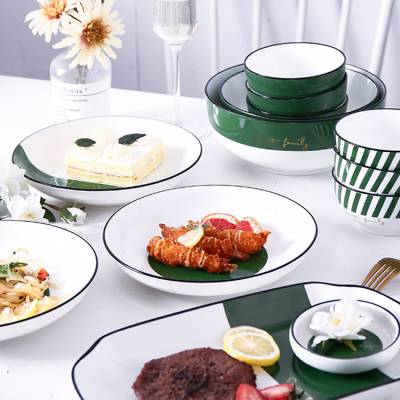 陶瓷餐具盘子碗墨绿骨瓷餐具套装 北欧风吃饭碗6人食 餐具套装定制