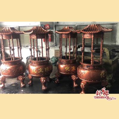 寺院香炉六龙柱圆形铜铁铸带盖香炉插香烧纸香炉寺庙祠堂铜香炉