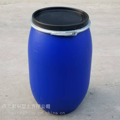 新利塑业 塑料化工桶 125L升圆形化工级铁箍桶 125kg公斤蓝色胶法兰桶