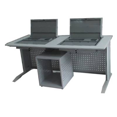 学生手动翻转电脑桌 钢制一体二人位翻转显示器电脑桌