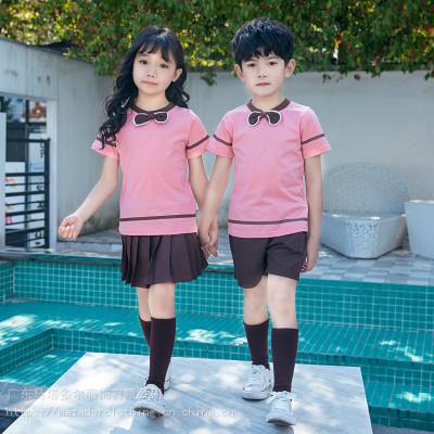 小领结粉色短袖班服圆领夏季校服套装幼儿园团体服印字印logoZ13-D23
