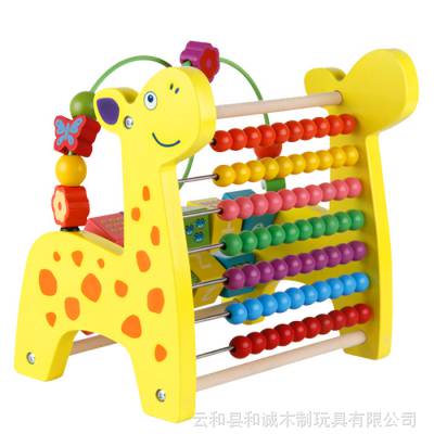 木制多功能小鹿敲琴绕珠串珠计算架翻板架三合一儿童早教益智玩具
