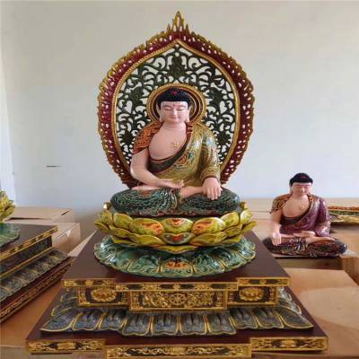 彩绘三宝佛 贴金五方佛雕塑生产 大雄宝殿佛像泥塑