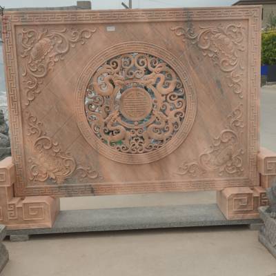 石雕浮雕影壁墙别墅庭院背景石晚霞红屏风中式照壁小院迎门石壁画