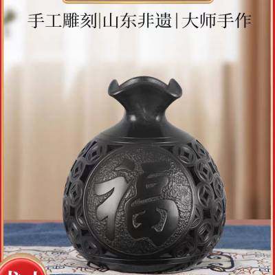 龙山黑陶福袋花瓶中国风创意家居客厅装饰工艺品摆件开业乔迁礼品