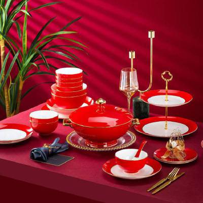 中式结婚陶瓷红色碗筷套装 礼盒家用餐具 中国红婚庆用品陪嫁