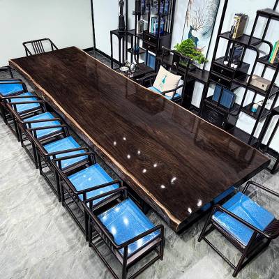 黑檀实木原木大板茶桌椅组合新中式巴花茶台老板办公桌大班台清仓