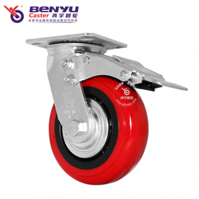 奔宇脚轮 弧面重型红色聚胺脂轮 带刹车轮 承重一吨推车轮