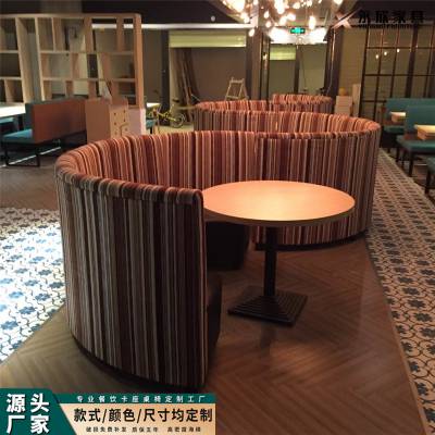 意式西餐厅家具-条纹布艺弧形卡座沙发圆桌组合