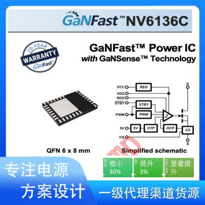 Navitas 纳微代理商NV6136C内置170mΩ氮化镓开关管，采用QFN6*8封装