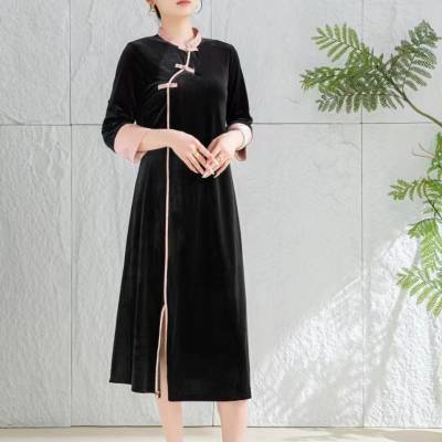 圣格娅秋冬丝绒连衣裙 成熟典雅复古气质连衣裙 折扣店跑量单品