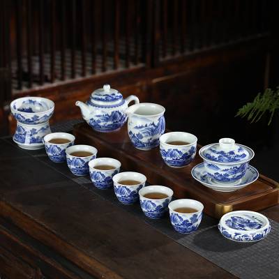 景德镇仿古老陶泥青花富春山居图功夫茶具套装礼品