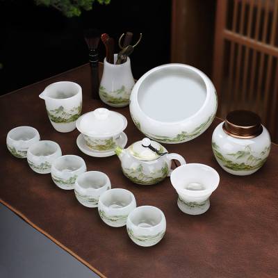 定制琉璃千里江山款功夫茶具套装家用轻奢山水盖碗现代中式整套茶