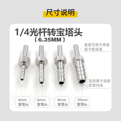 快插接头不锈钢焊接1/4"直管转 6mm 8mm 宝塔接头接软管卡套接头