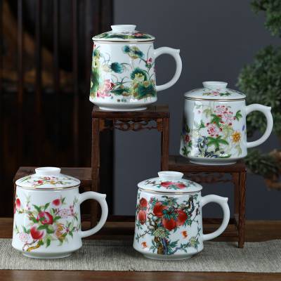 中式陶瓷办公杯 老陶泥大号过滤三件杯带盖 粉彩花开富贵茶杯礼品