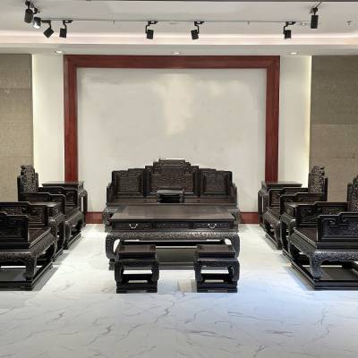 紫光檀国宾宝座沙发13件套明清古典精雕西番莲大师级制造标准