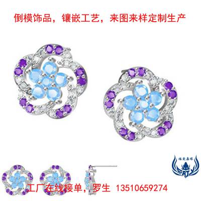 925银耳环私人绘图设计镶嵌优美彩色水晶石太阳花银耳钉来样订购