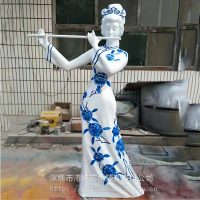 中国风青花瓷玻璃钢古代侍女拉二胡吹笛美女雕塑人像酒店装饰摆件