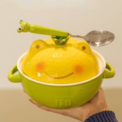 青蛙陶瓷泡面碗日式双耳大号汤碗带盖大容量学生宿舍家用吃饭碗