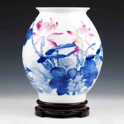 名人手绘大师胡慧中荷香花瓶 中式陶瓷摆件 办公室装饰品花器