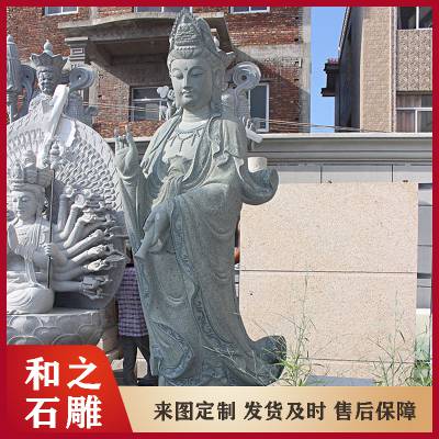 福建花岗岩石雕观音像定制 寺庙石雕观音菩萨身边的善财童子像