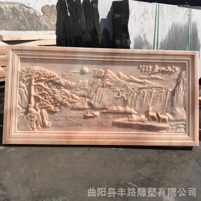 晚霞红中式浮雕壁画石雕影壁墙江山如画松鹤延年玄关背景装饰