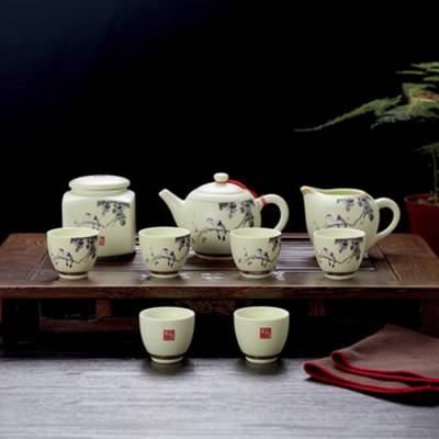 景德镇精品陶瓷功夫茶杯茶壶 鹅黄釉家用茶具套装 陶瓷茶具茶壶茶杯