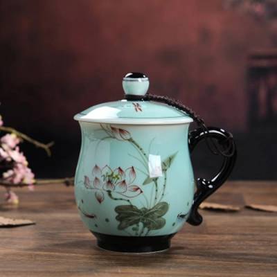 景德镇陶瓷茶杯 茶水分离大容量过滤泡茶杯 带盖国庆礼品会议杯