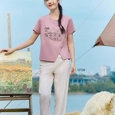 广州品牌折扣店女装批发货源 美颜子大码印花T恤低价批发