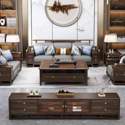 新中式胡桃木实木沙发轻奢可拆洗布艺沙发床大小户型客厅黑檀色