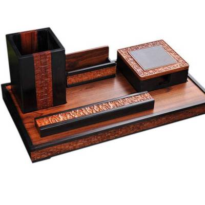 檀木笔筒办公套装定制 木质工艺品收纳摆件 商务馈赠礼品年会礼物 文房用品定制刻字