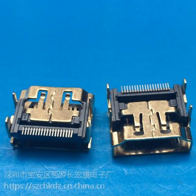 HDMI 19Pin 母座 单排贴片 SMT 四脚插件 镀金 黑色胶芯 HDMI 插座 连接器