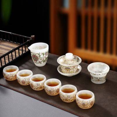 定制镶金琉璃茶具套装 家用会客功夫茶器中式轻奢盖碗喝茶杯礼盒装