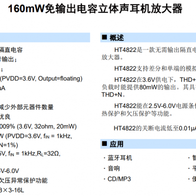 160mW免输出电容立体声耳机放大器 HT4822