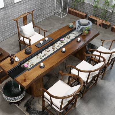 樟木流水景观一体茶台设计新中式实木创意茶几循环养鱼茶桌椅组合